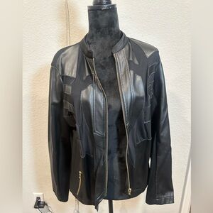 Ashley Stewart Black Leather Patchwork Zip Jacket